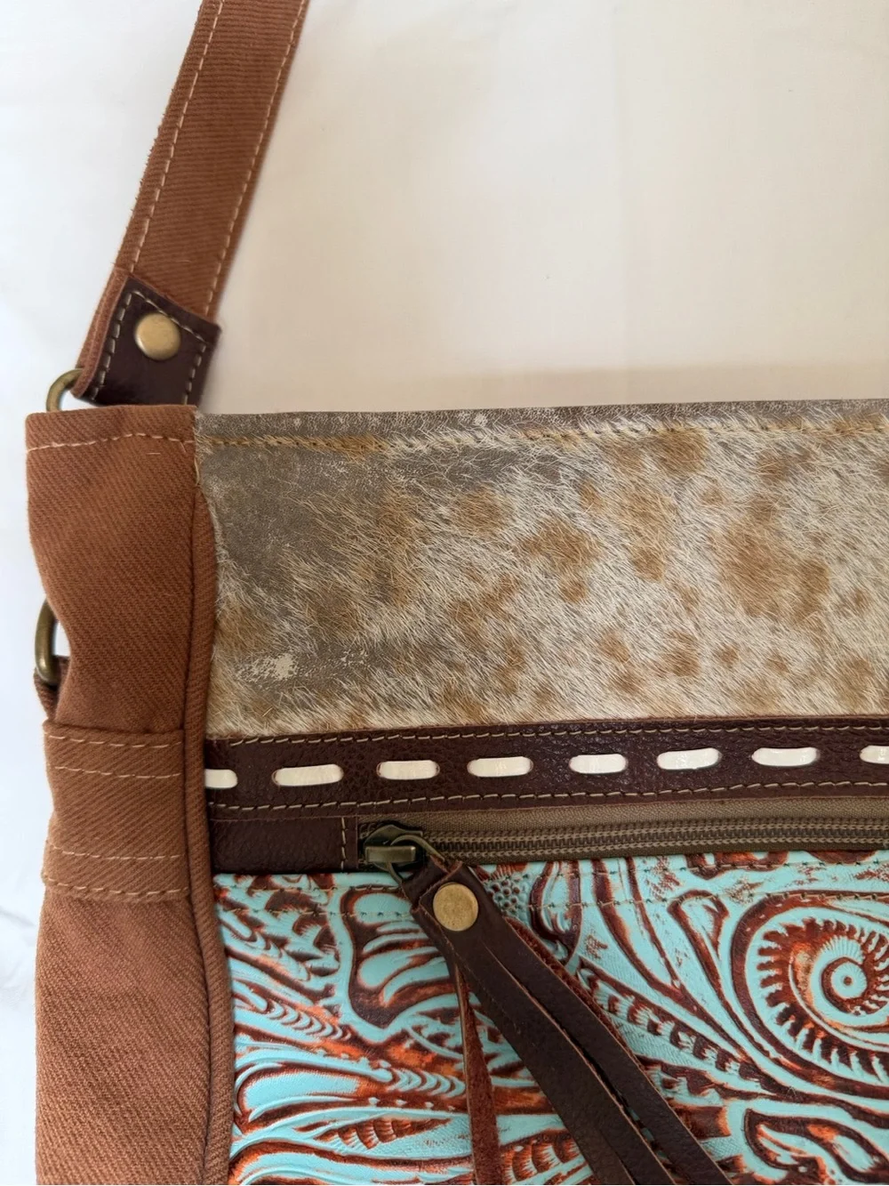 Myra Bag Brown, Cream & Turquoise Tooled Cowhide Crossbody